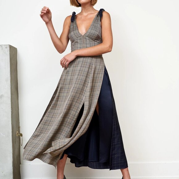 La Ligne Dresses & Skirts - La Ligne Charlotte Tie-Detailed Midi Dress in Navy Blue + Brown Plaid